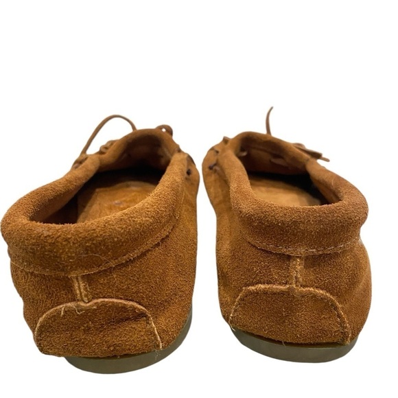 Minnetonka caramel suede leather moccasins slip on fringe detail whipstitch 9 - Picture 7 of 11